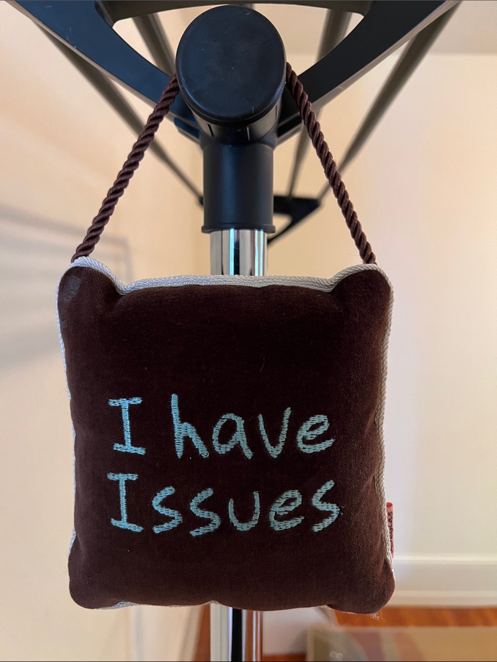 Brown Hanging Accent Pillow with Turquoise Script - 'I Have Issues'